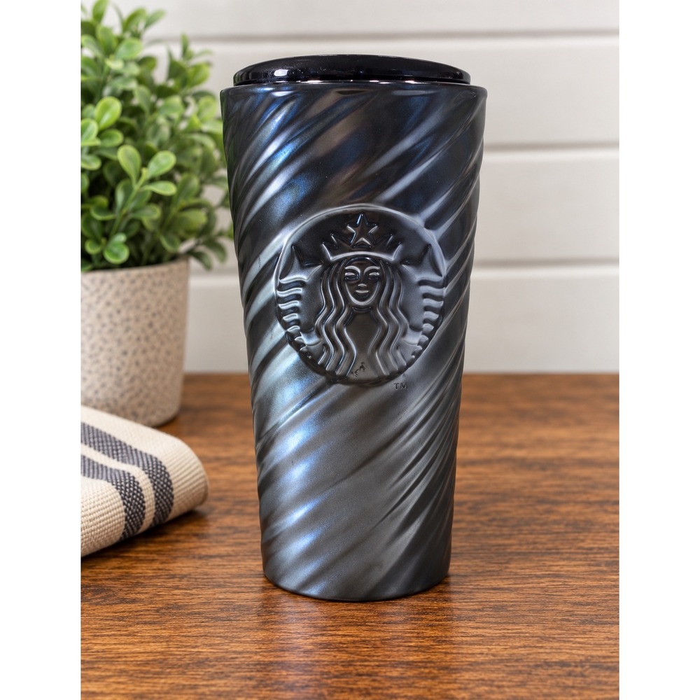 Starbucks Iridescent Gunmetal Swirl Ceramic Travel Tumbler Mug 12oz BUB25 2025